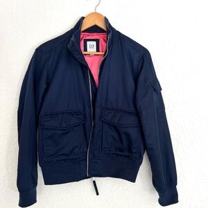 Gap Bomber Jacket Womens, XS, Satin, Navy w/Pink Lining